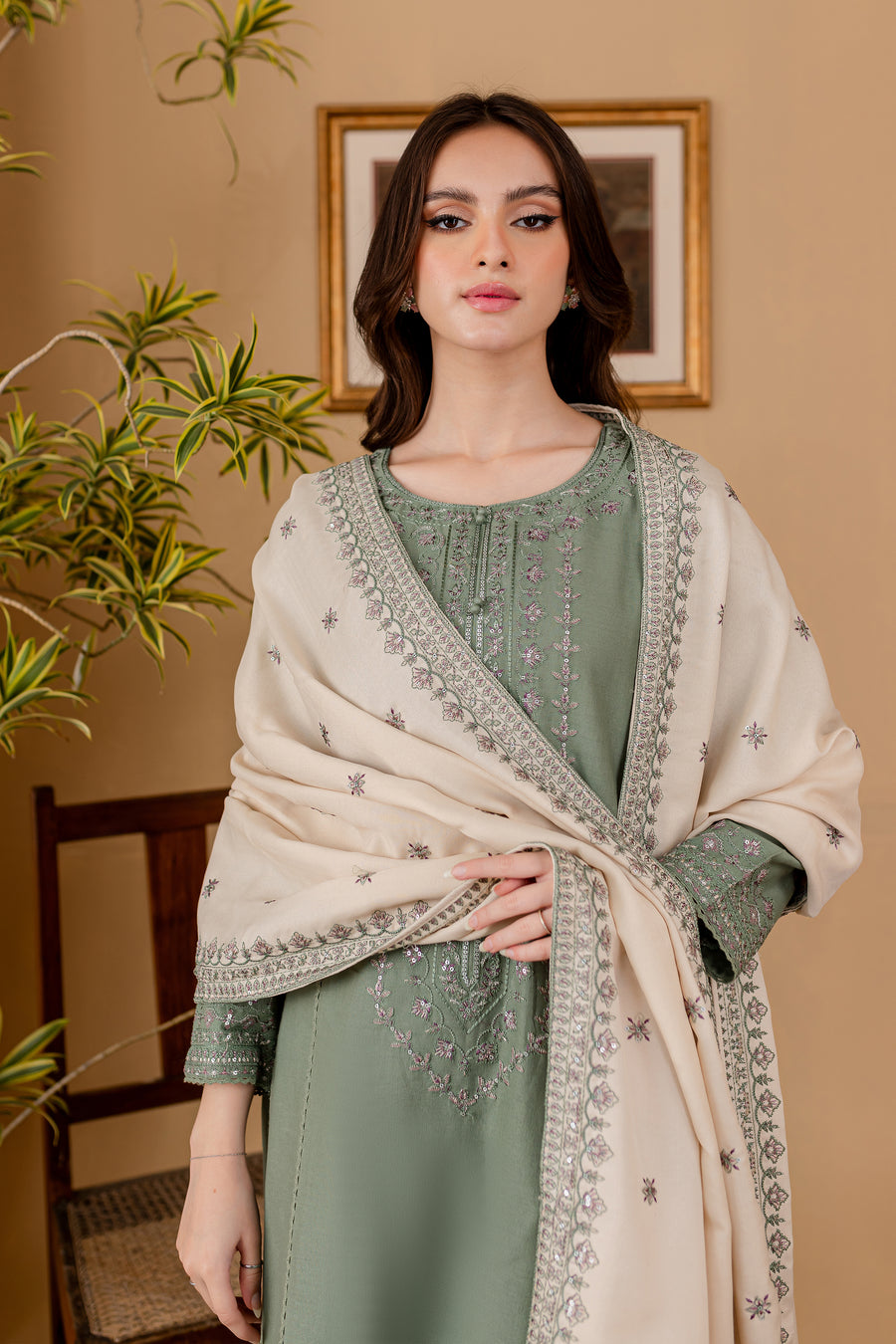 BATIK-3PC DHANAK EMBROIDERED SHIRT WITH DHANAK EMBROIDERED SHAWL AND TROUSER-BIC-4011