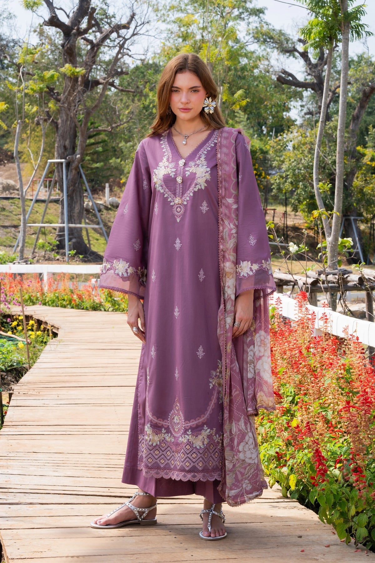 GARNET-3PC LAWN EMBROIDERED SHIRT WITH CHIFFON PRINTED DUPATTA AND TROUSER-BIC-4861