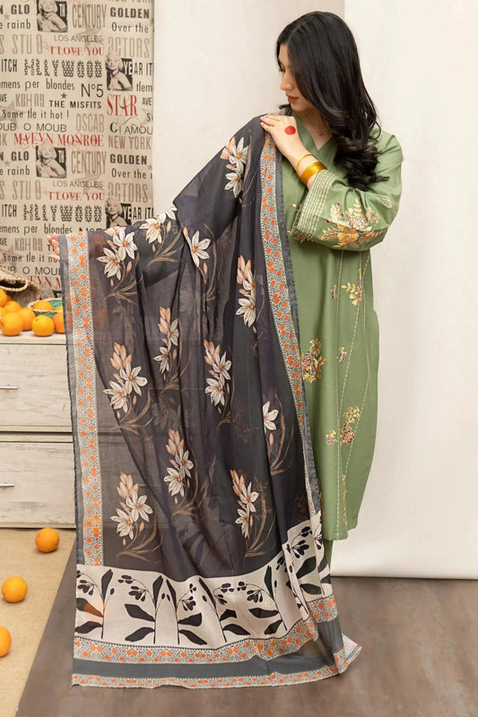 URGE- 3PC LAWN EMBROIDERED SHIRT WITH MONARK PRINT DUPATTA AND EMB TROUSER-BIC-3222