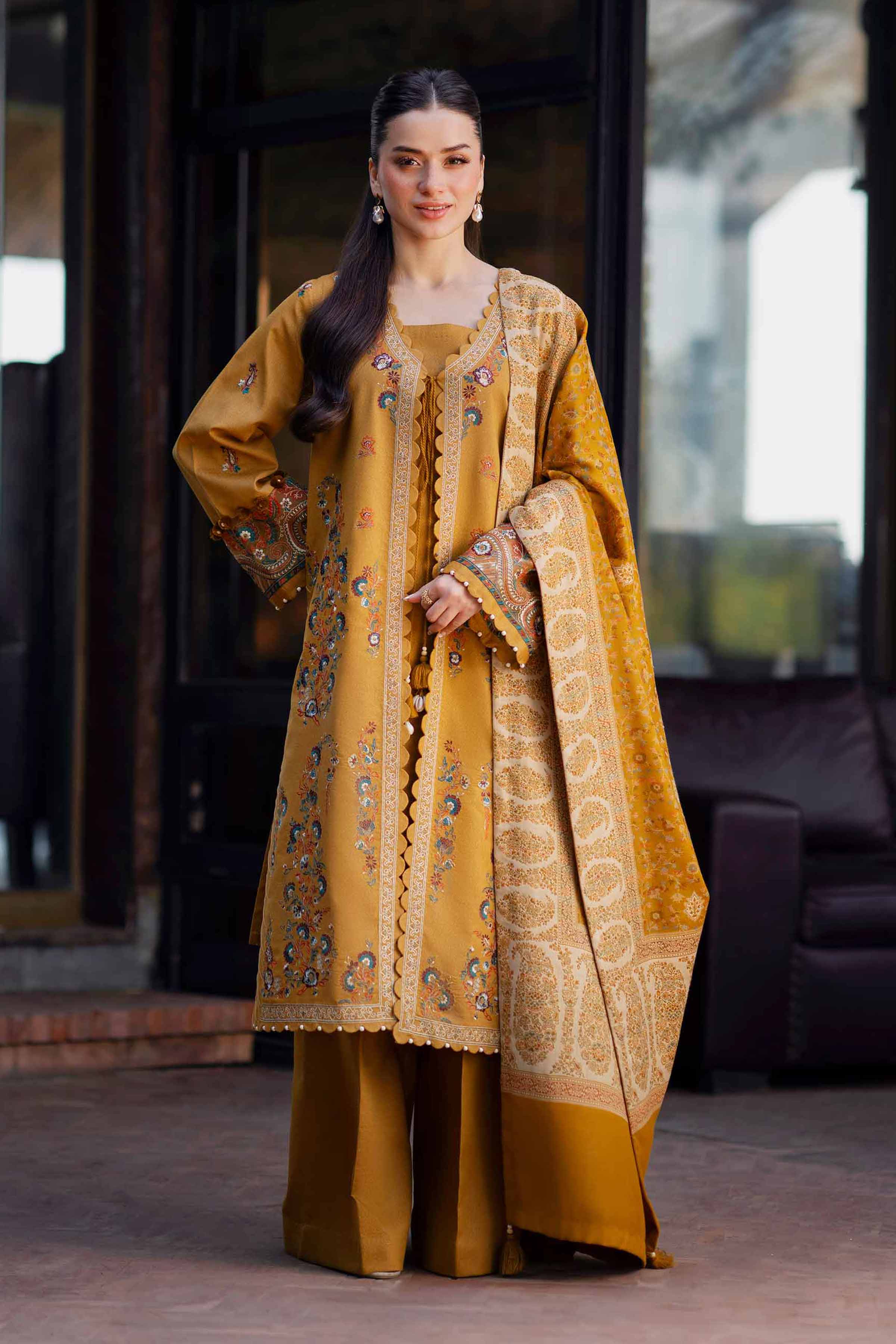NISHAT-3PC KHADDAR EMBROIDERED SHIRT WITH COURTRAI PRINTED SHAWL & TROUSER-BIC-4377