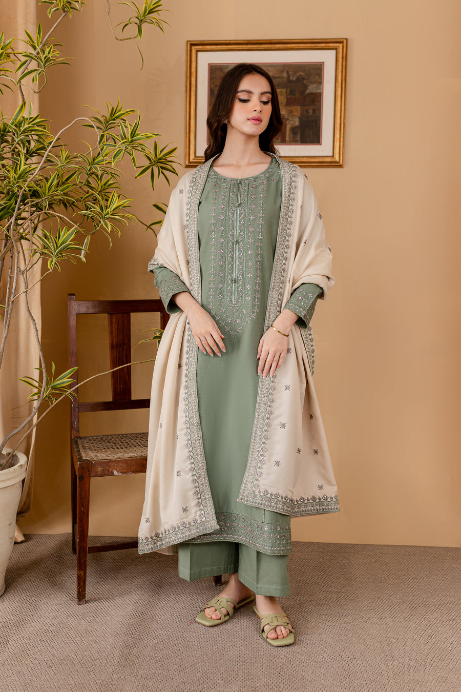 BATIK-3PC DHANAK EMBROIDERED SHIRT WITH DHANAK EMBROIDERED SHAWL AND TROUSER-BIC-4011