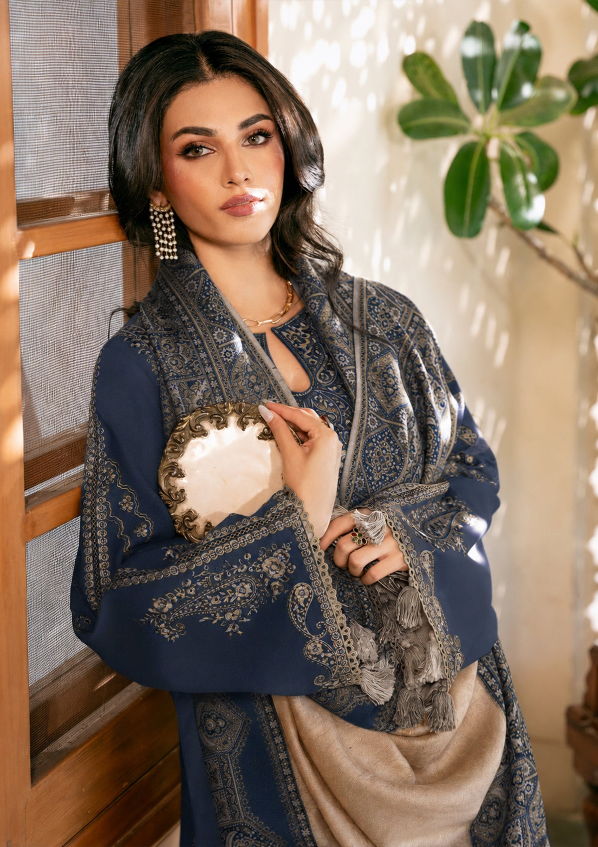 IZEL-3PC DHANAK EMBROIDERED SHIRT WITH COUTRAI PRINTED SHAWL & TROUSER-BIC-5150