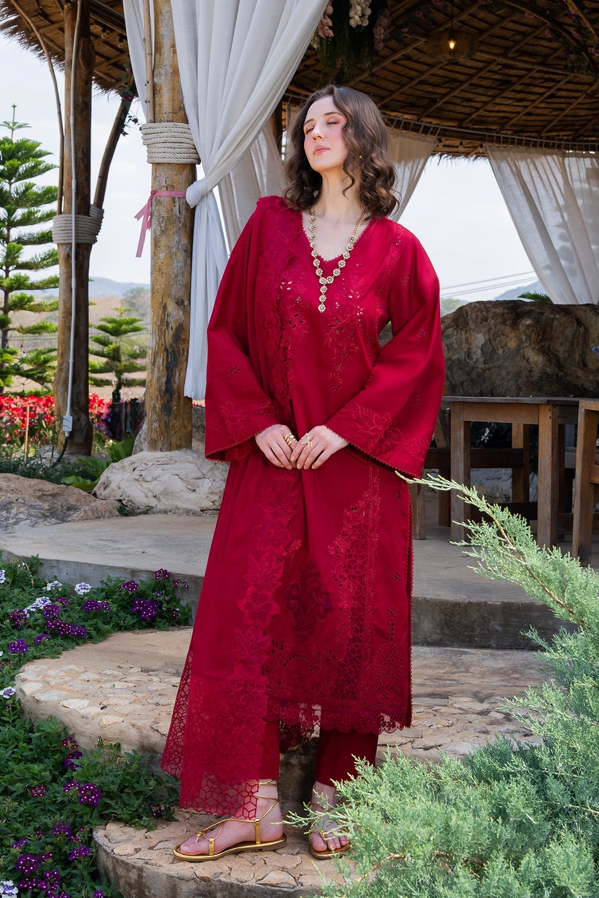 GARNET-3PC LAWN CHIKANKARI EMBROIDERED SHIRT WITH KHADDI NET EMB DUPATTA AND TROUSER-BIC-4843