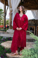 GARNET-3PC LAWN CHIKANKARI EMBROIDERED SHIRT WITH KHADDI NET EMB DUPATTA AND TROUSER-BIC-4843