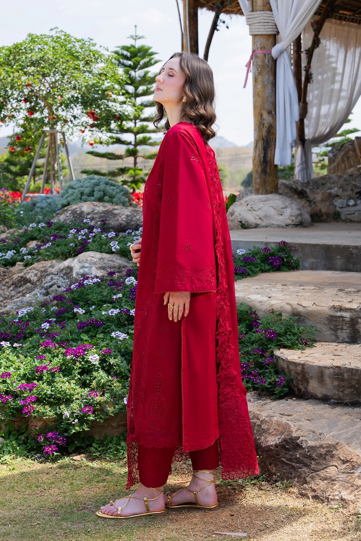 GARNET-3PC LAWN CHIKANKARI EMBROIDERED SHIRT WITH KHADDI NET EMB DUPATTA AND TROUSER-BIC-4843