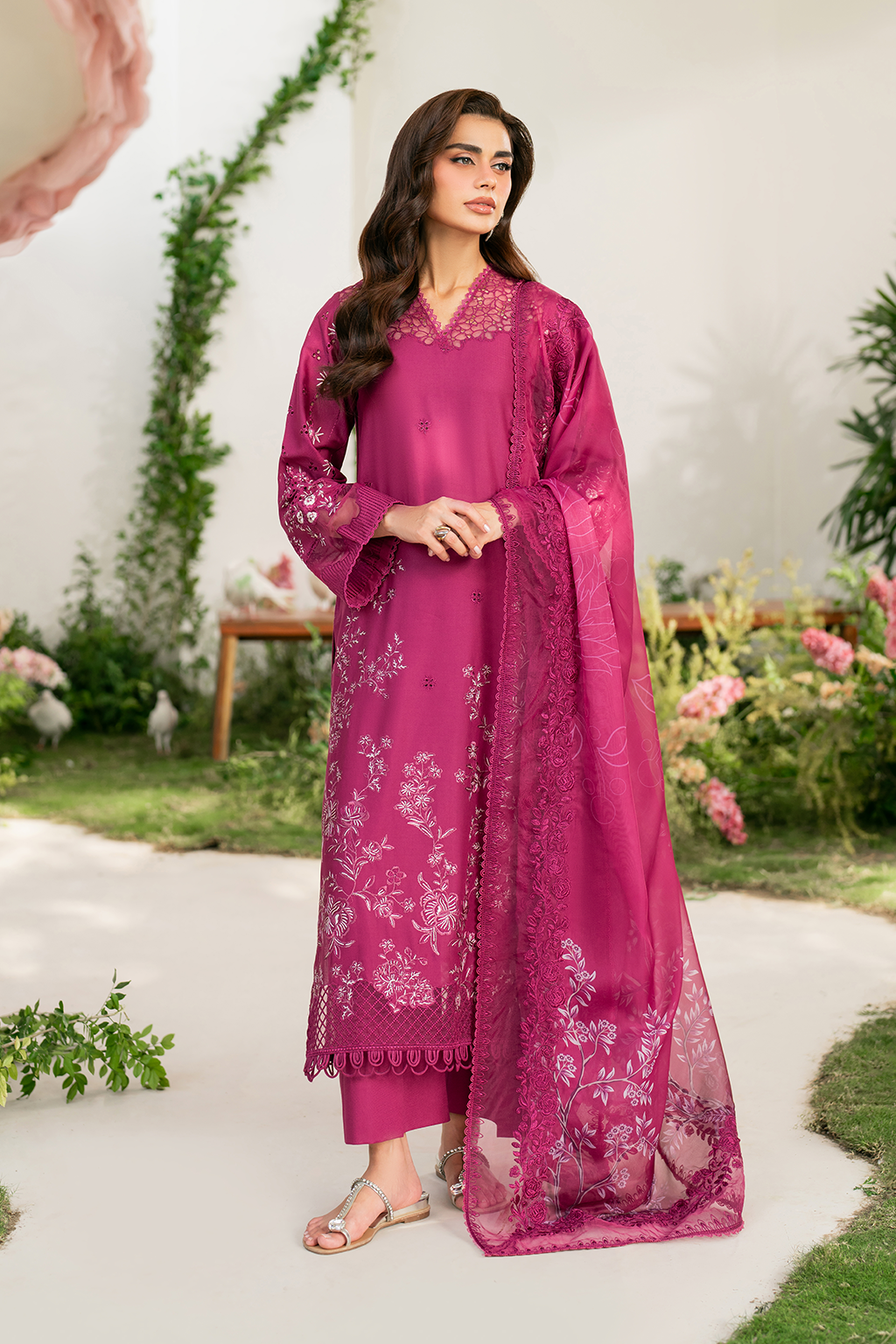IZNIK-3PC DHANAK SEQUIN EMBROIDRED SHIRT WITH COURTRAI PRINTED EMB SHAWL AND TROUSER-BIC-4125
