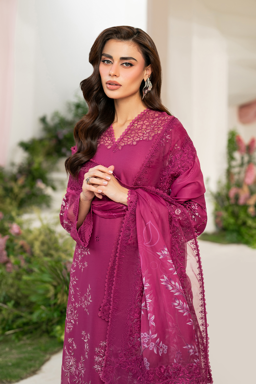 IZNIK-3PC DHANAK SEQUIN EMBROIDRED SHIRT WITH COURTRAI PRINTED EMB SHAWL AND TROUSER-BIC-4125