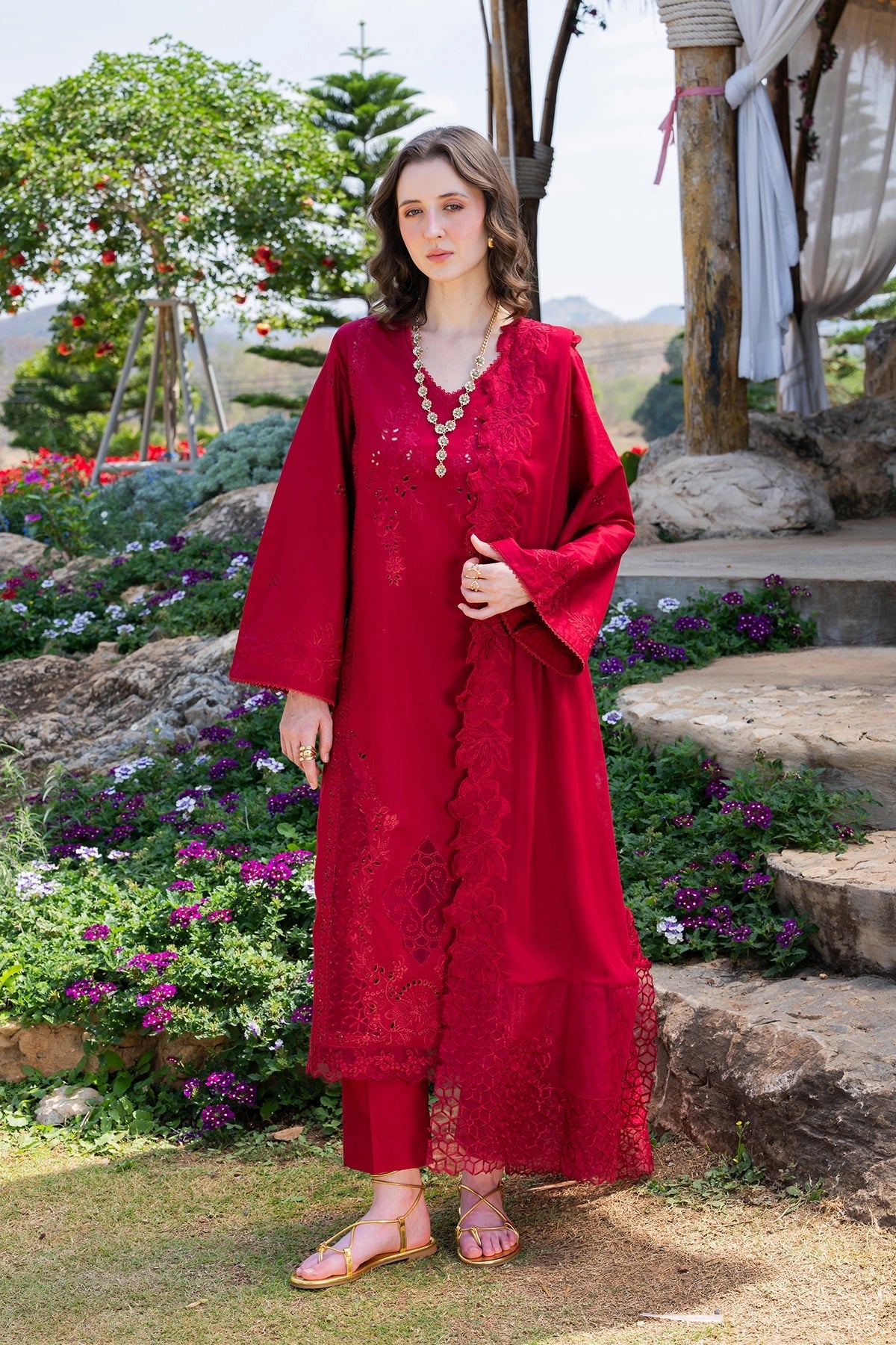 GARNET-3PC LAWN CHIKANKARI EMBROIDERED SHIRT WITH KHADDI NET EMB DUPATTA AND TROUSER-BIC-4843