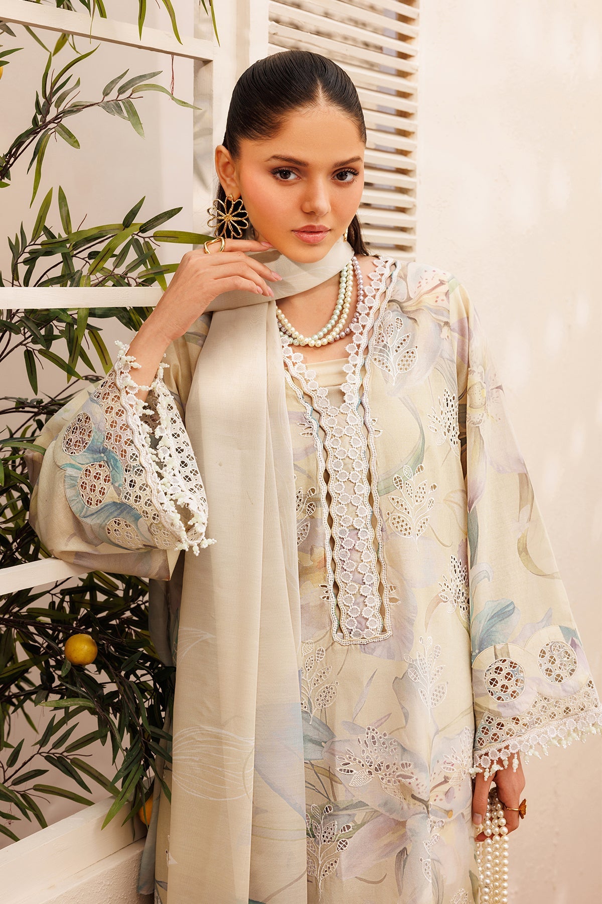 BAROQUE-3PC LAWN PRINTED EMB SHIRT WITH SILK PRINTED DUPATTA AND TROUSER-BIC-050