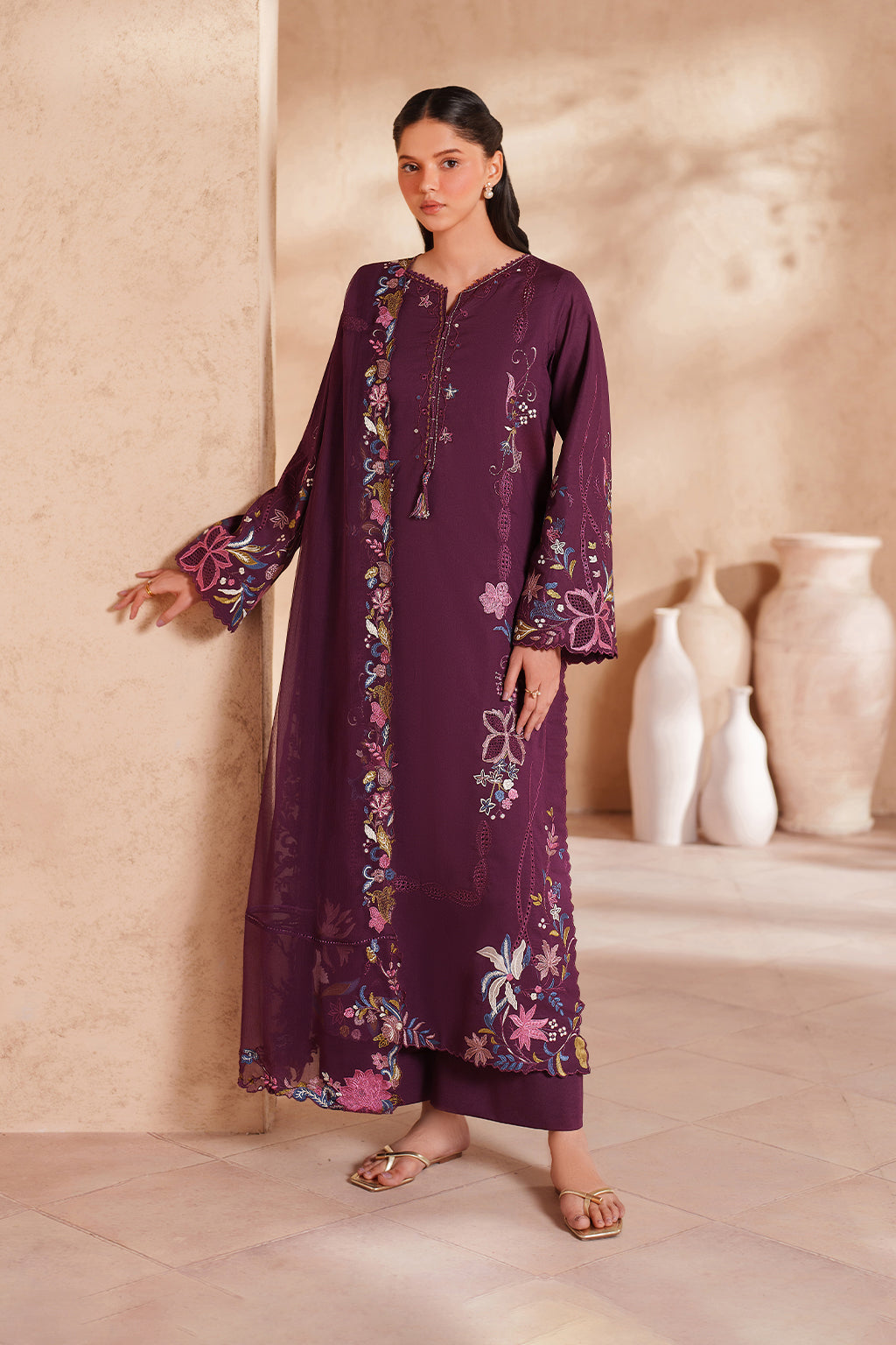 IZNIK-3PC LAWN EMBROIDERED SHIRT WITH KHAADI NET EMBROIDERED DUPATTA AND TROUSER-BIC-4833