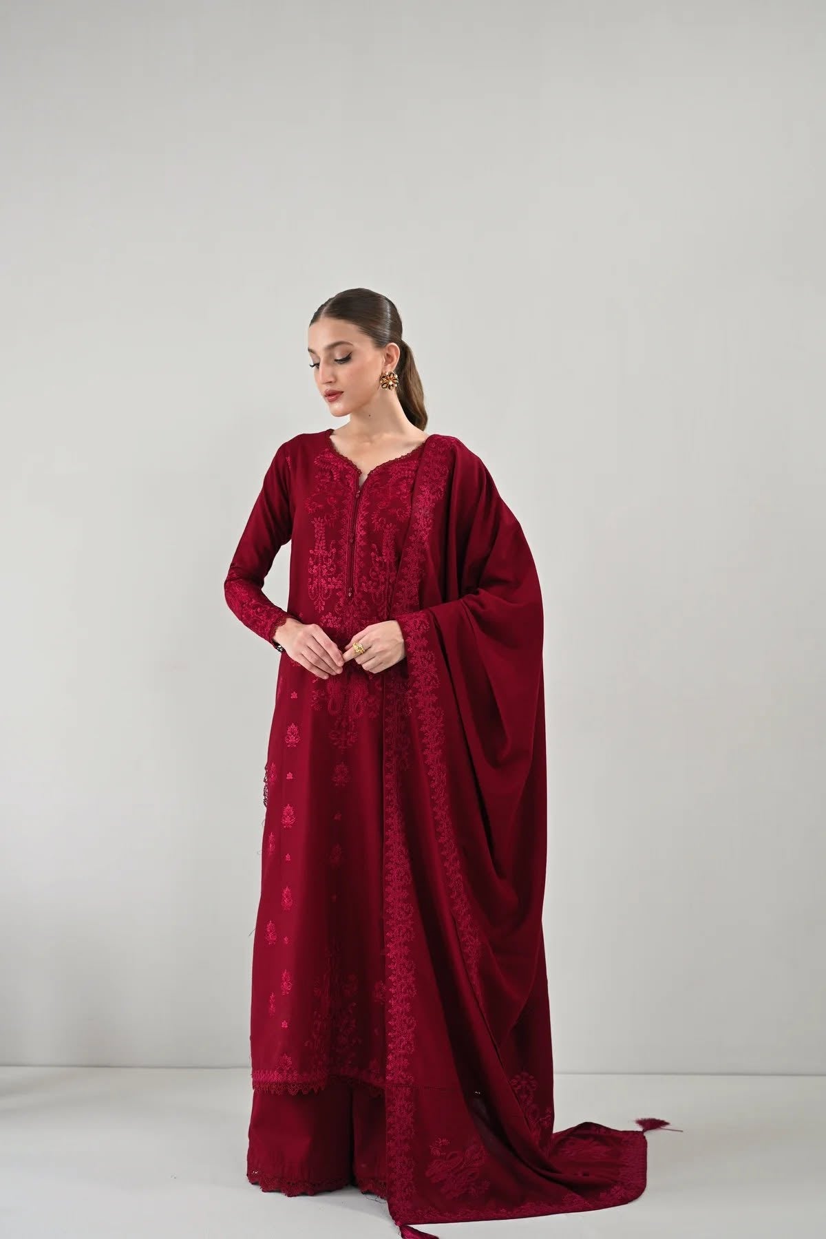 ZAIB-3PC DHANAK EMBROIDERED SHIRT WITH DHANAK EMBROIDERED SHAWL AND TROUSER-BIC-5271