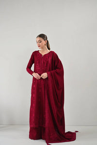 ZAIB-3PC DHANAK EMBROIDERED SHIRT WITH DHANAK EMBROIDERED SHAWL AND TROUSER-BIC-5271