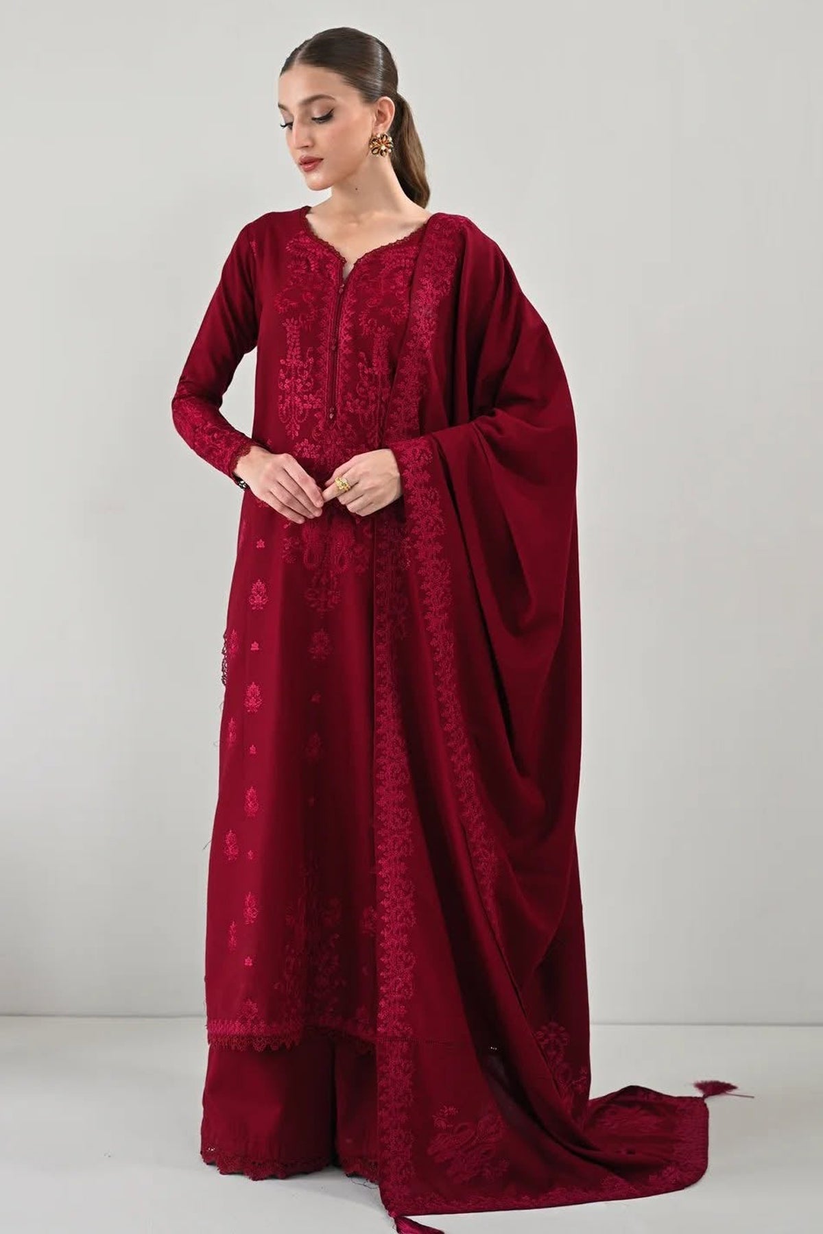 ZAIB-3PC DHANAK EMBROIDERED SHIRT WITH DHANAK EMBROIDERED SHAWL AND TROUSER-BIC-5271