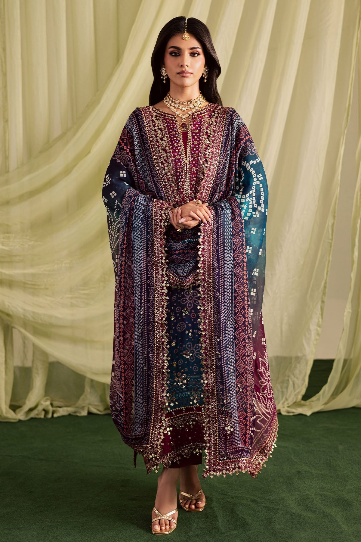 NUREH-3PC LAWN DIGITAL PRINTED EMBROIDERED SHIRT WITH CHUNRI PRINTED EMB DUPATTA AND DYED TROUSER-BIC-018