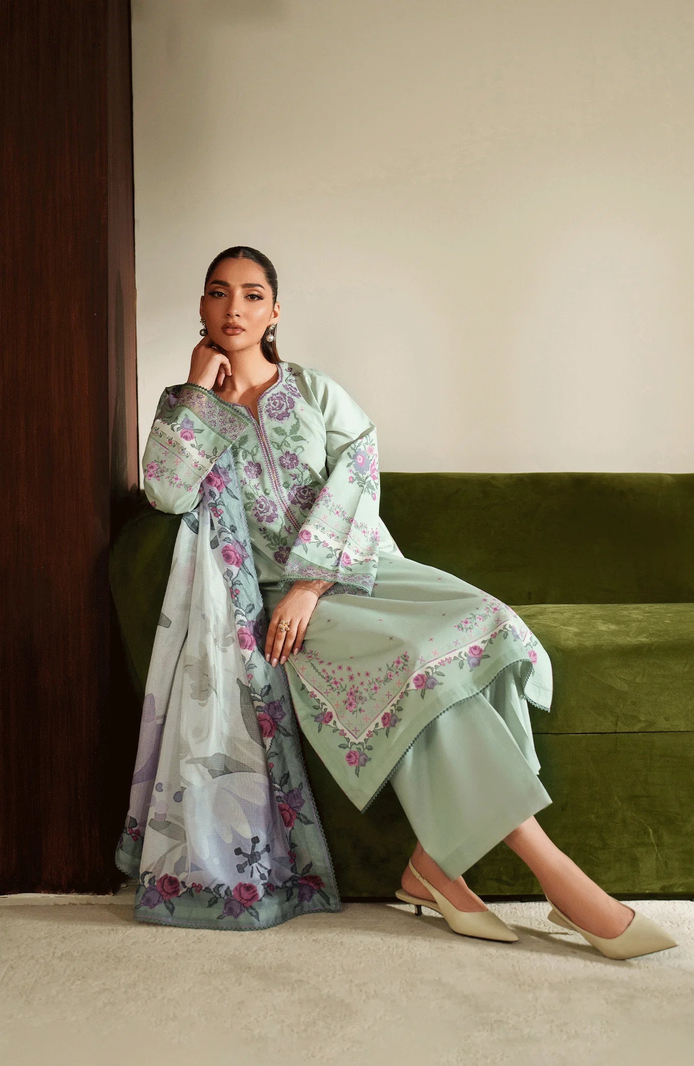 SERAN-3PC DHANAK EMBROIDERED SHIRT WITH COURTRAI PRINTED SHAWL & TROUSER-BIC-4322