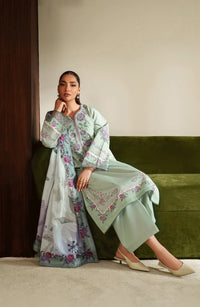 SERAN-3PC DHANAK EMBROIDERED SHIRT WITH COURTRAI PRINTED SHAWL & TROUSER-BIC-4322