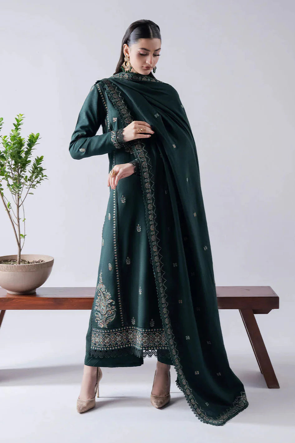 ASIM JOFA-3PC DHANAK EMBROIDERED SHIRT WITH DHANAK EMBROIDERED SHAWL & TROUSER-BIC-