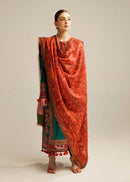 HUSSAIN REHAR-3PC DHANAK EMBROIDERED SHIRT WITH COURTRAI PRINTED SHAWL AND TROUSER-BIC-