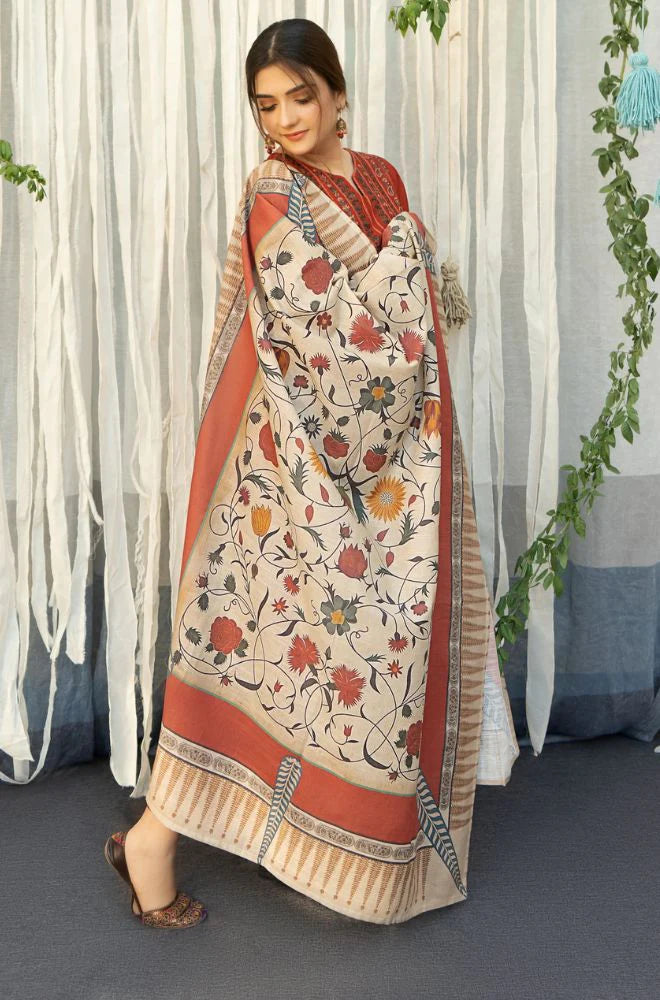 URGE - 3PC DHANAK EMBROIDERED SHIRT WITH COUTURE WOOL PRINT SHAWL AND TROUSER-BIC-2692