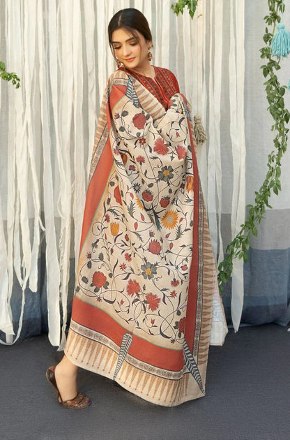 URGE - 3PC DHANAK EMBROIDERED SHIRT WITH COUTURE WOOL PRINT SHAWL AND TROUSER-BIC-2692