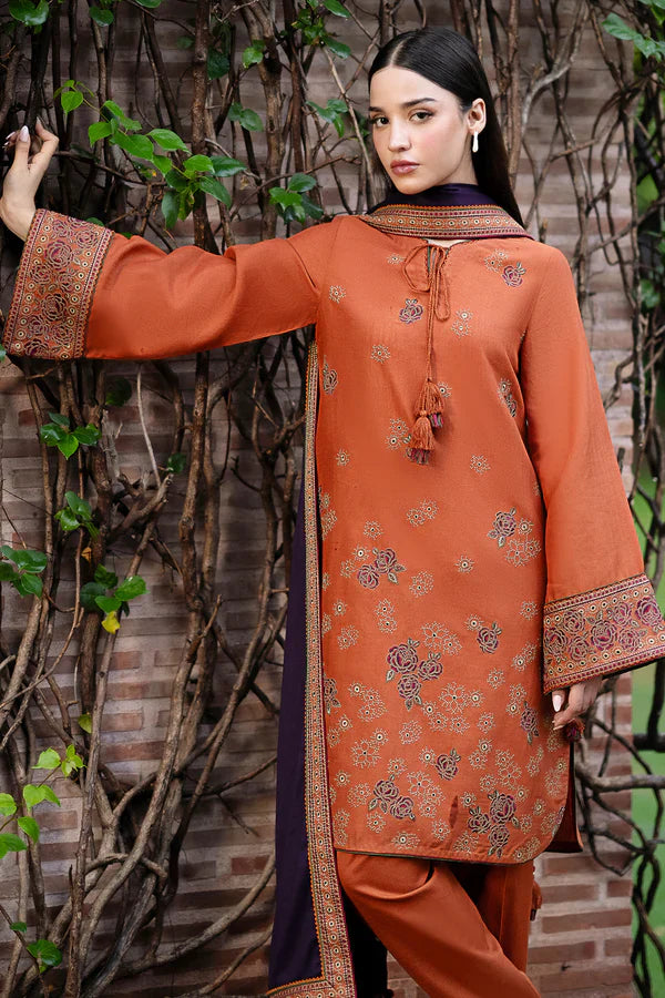 JAZMIN- 3PC DHANAK EMBROIDERED SHIRT WITH WOOL PRINT SHAWL AND TROUSER-BIC-3293