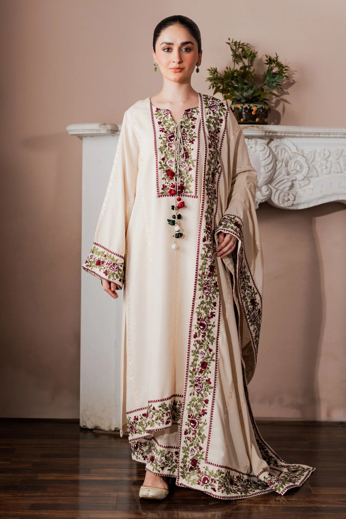 ZAIB-3PC KARANDI EMBROIDERED SHIRT WITH KARANDI EMB SHAWL AND EMB TROUSER-BIC-5213