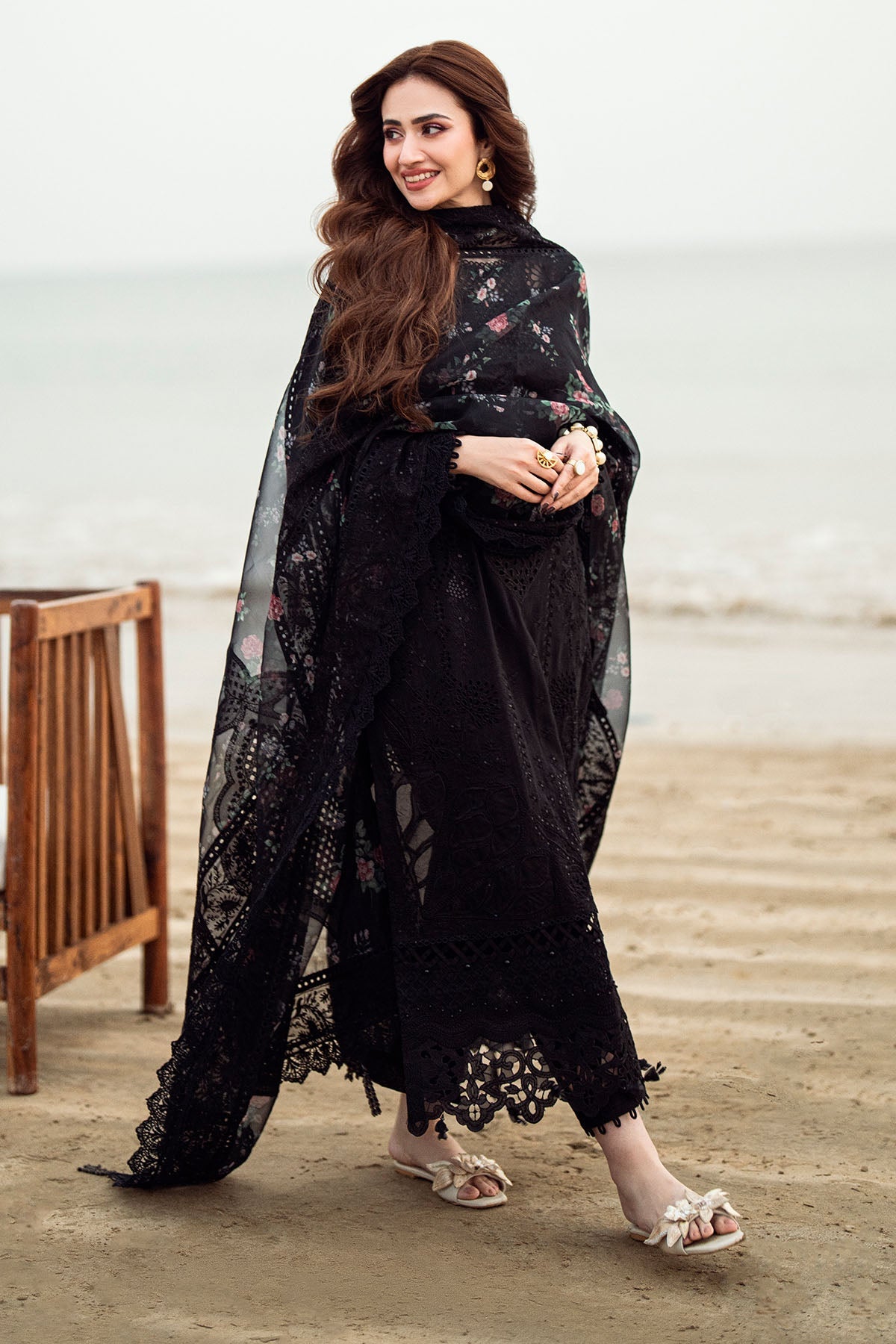NUREH-3PC LAWN CHIKENKARI LASER EMBROIDERED SHIRT WITH ORGANZA EMBROIDERED PRINT DUPATTA-3667-EID FESTIVE-
