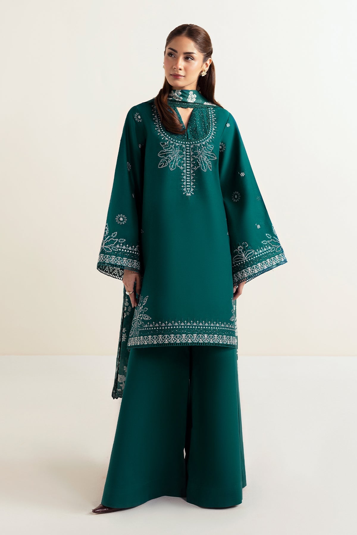 AFROZEH-3PC DHANAK EMBROIDERED SHIRT WITH COURTRAI PRINTED SHAWL AND TROUSER-BIC-4302