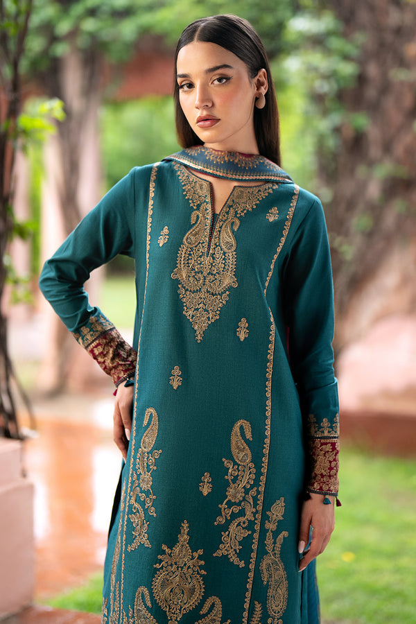 JAZMIN- 3PC DHANAK EMBROIDERED SHIRT WITH WOOL PRINT SHAWL AND TROUSER-BIC-3305-A