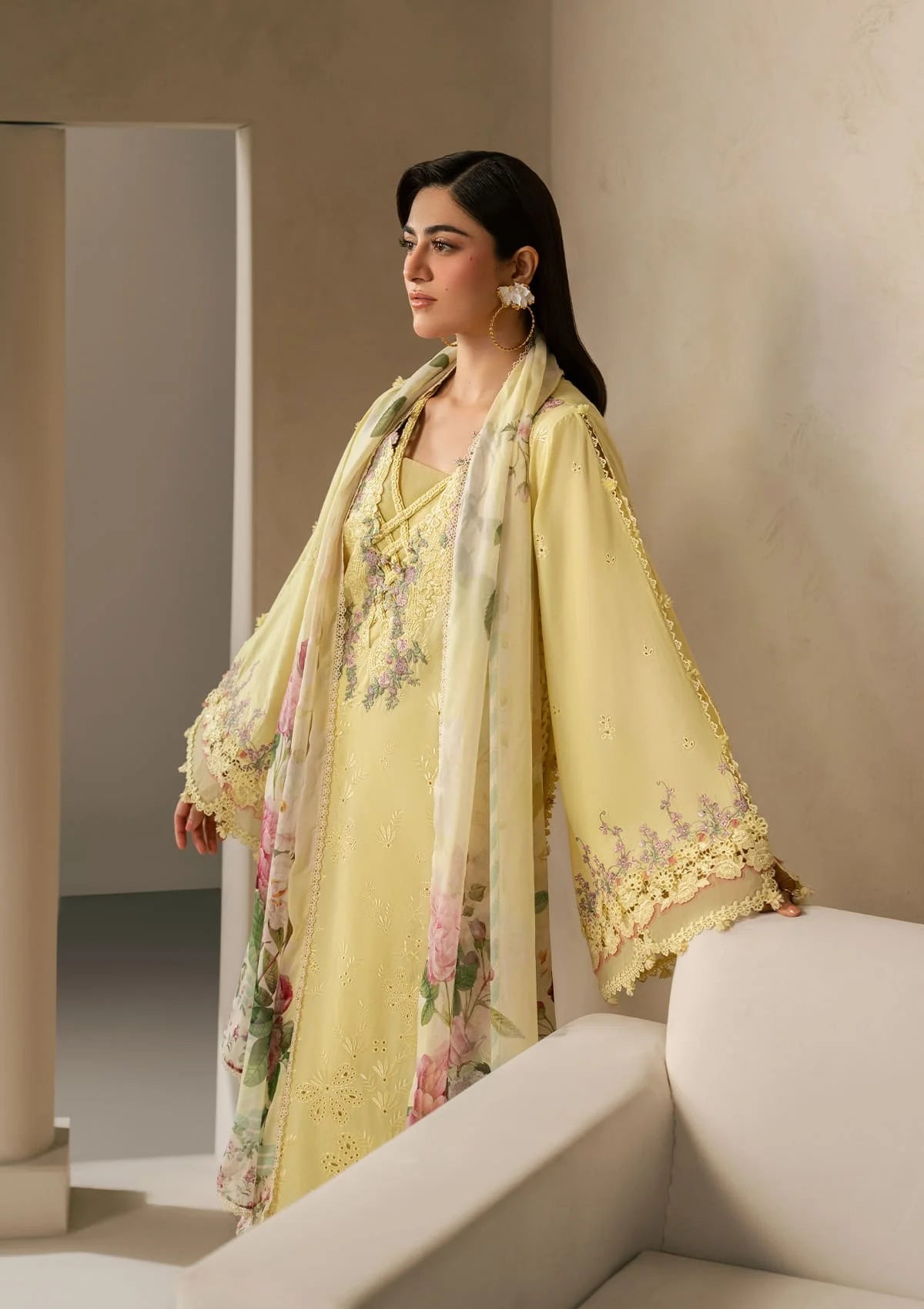 ELAF-3PC DHANAK EMBROIDERED SHIRT WITH COUTRAI PRINTED SHAWL AND TROUSER-BIC-5221