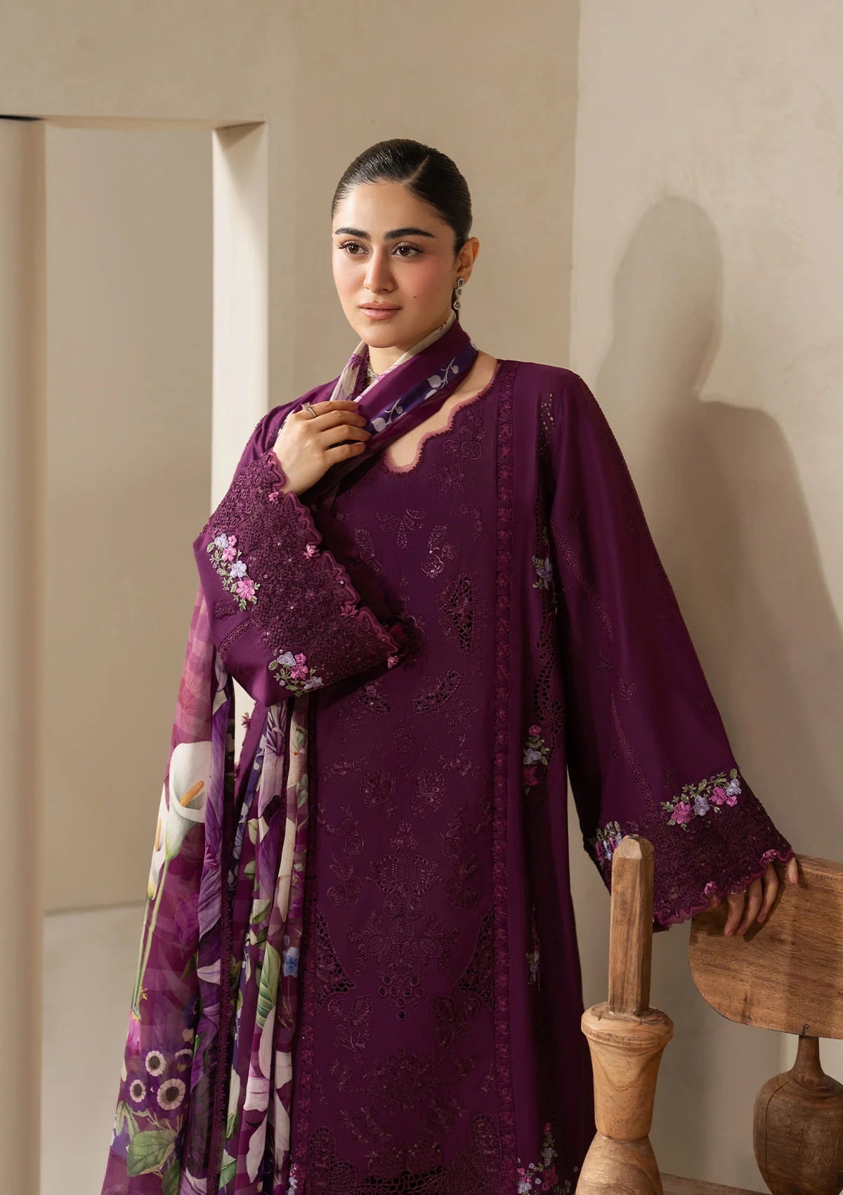 ELAF-3PC DHANAK EMBROIDERED SHIRT WITH COUTRAI PRINTED SHAWL AND TROUSER-BIC-5253