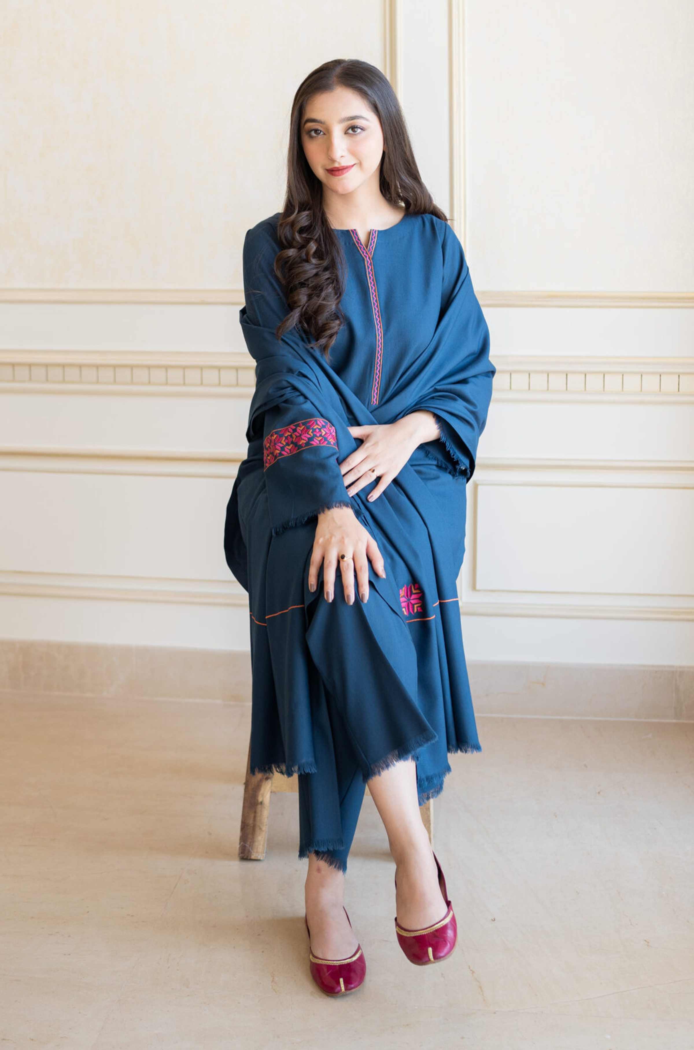 AISLING-3PC DHANAK EMBROIDERED SHIRT WITH DHANAK EMBROIDERED SHAWL & TROUSER -BIC-3132