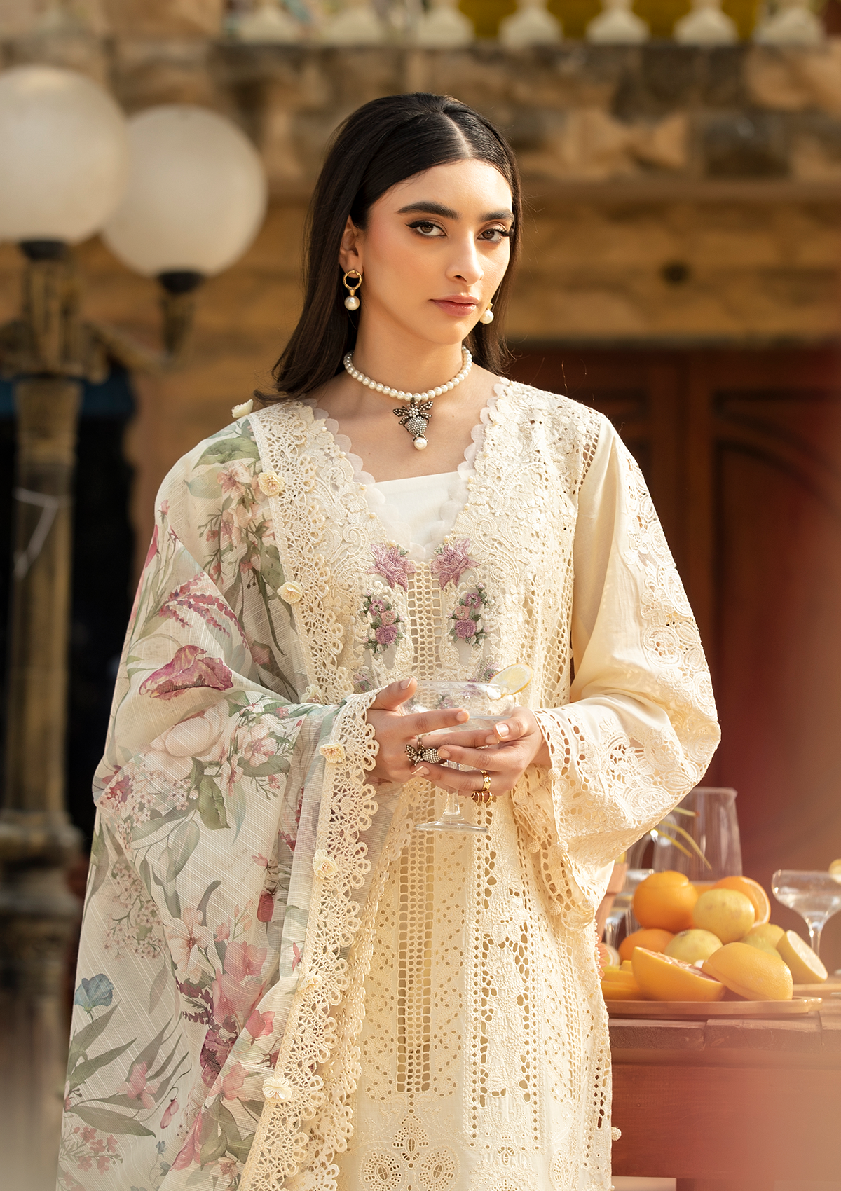 ELAF-3PC LAWN CHIKANKARI EMBROIDERED SHIRT WITH CHIFFON PRINTED DUPATTA AND TROUSER-BIC-4771
