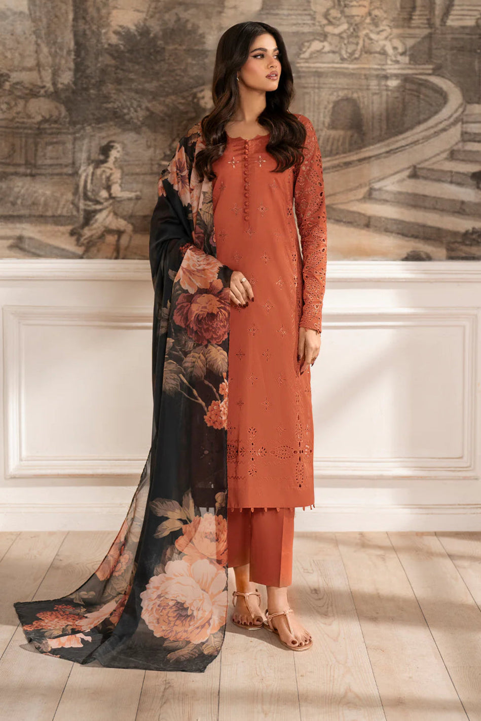 IZNIK-3PC DHANAK CHIKAN EMBROIDERED SHIRT WITH COURTRAI PRINTED SHAWL AND TROUSER BIC-4188