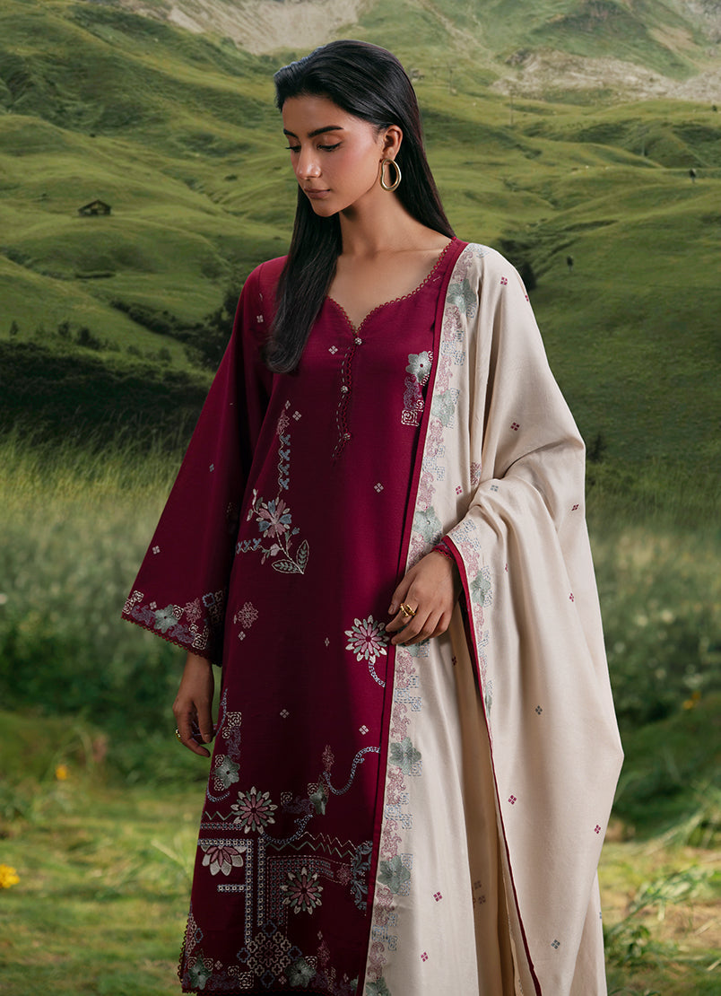 IMAGE-3PC KHADDAR EMBROIDERED SHIRT WITH DHANAK EMBROIDERED SHAWL AND KHADDAR TROUSER-BIC-4373