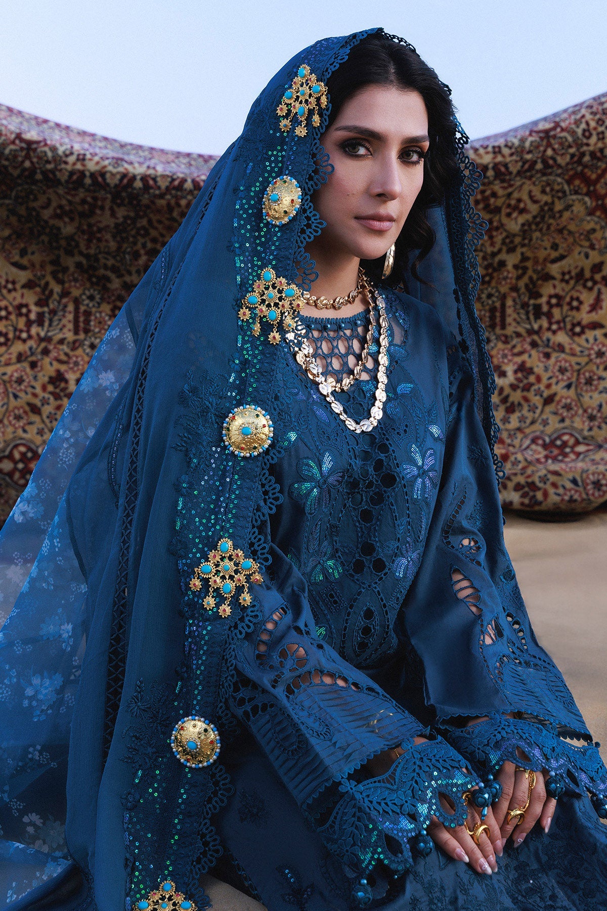 NUREH-3PC LAWN LASERWORK EMBROIDERED SHIRT WITH CHIFFON PRINTED EMB DUPATTA AND TROUSER-BIC-4784