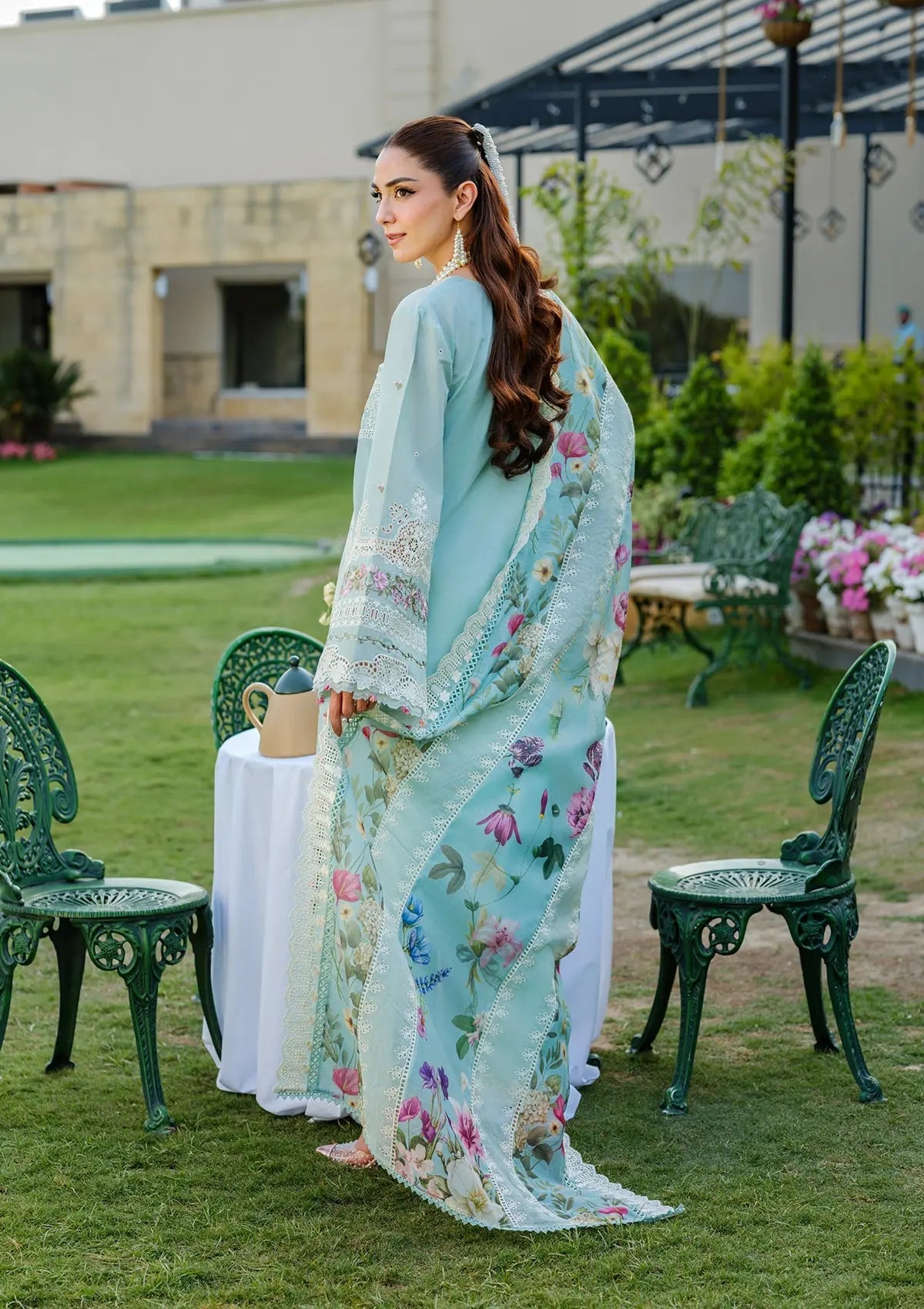 ELAF-3PC LAWN CHIKANKAARI EMBROIDERED SHIRT WITH CHIFFON PRINTED DUPATTA AND TROUSER-BIC-4757