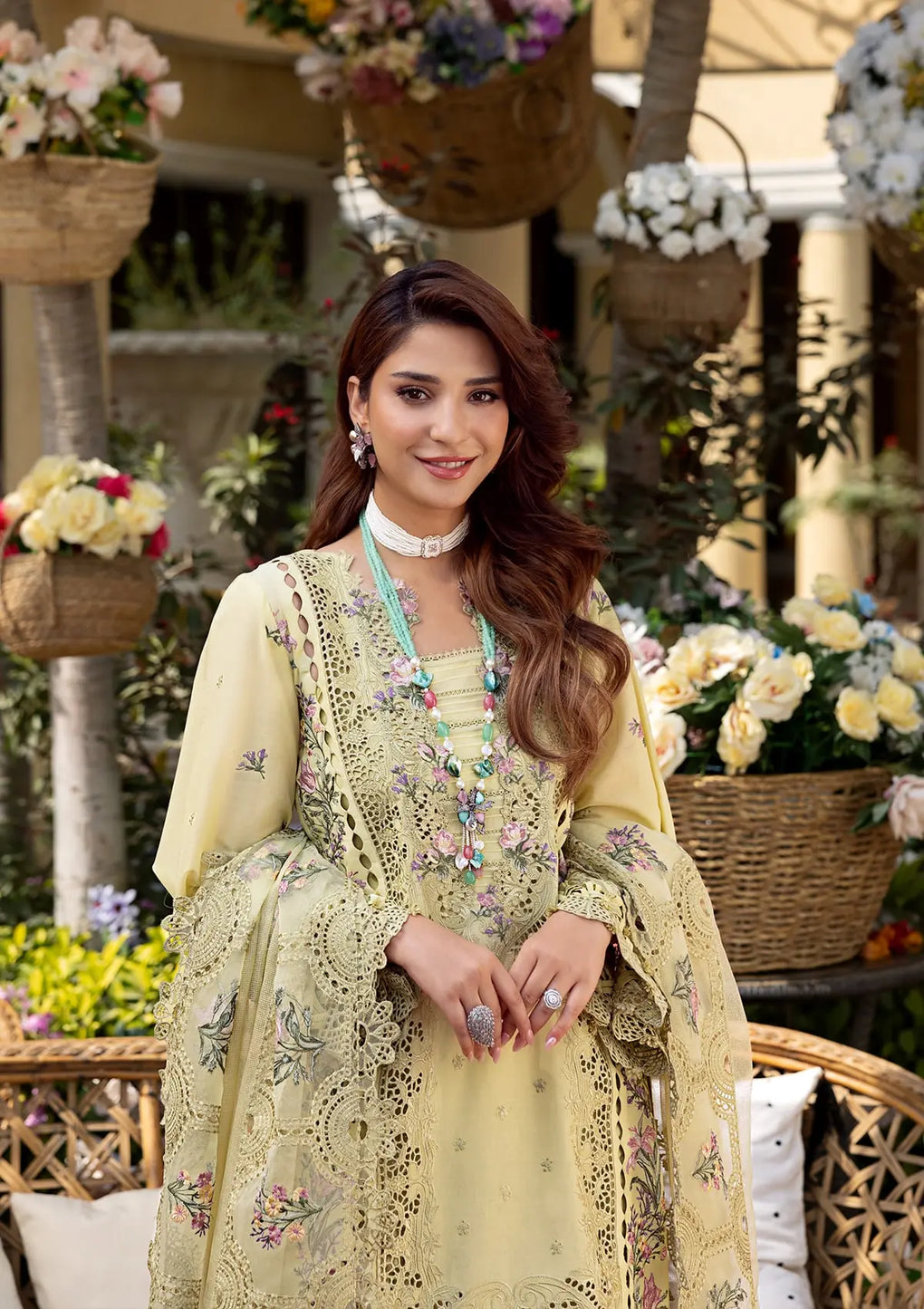 ELAF-3PC LAWN CHIKANKARI EMBROIDERED SHIRT WITH KHAADI NET EMB DUPATTA AND EMB TROUSER-BIC-4601