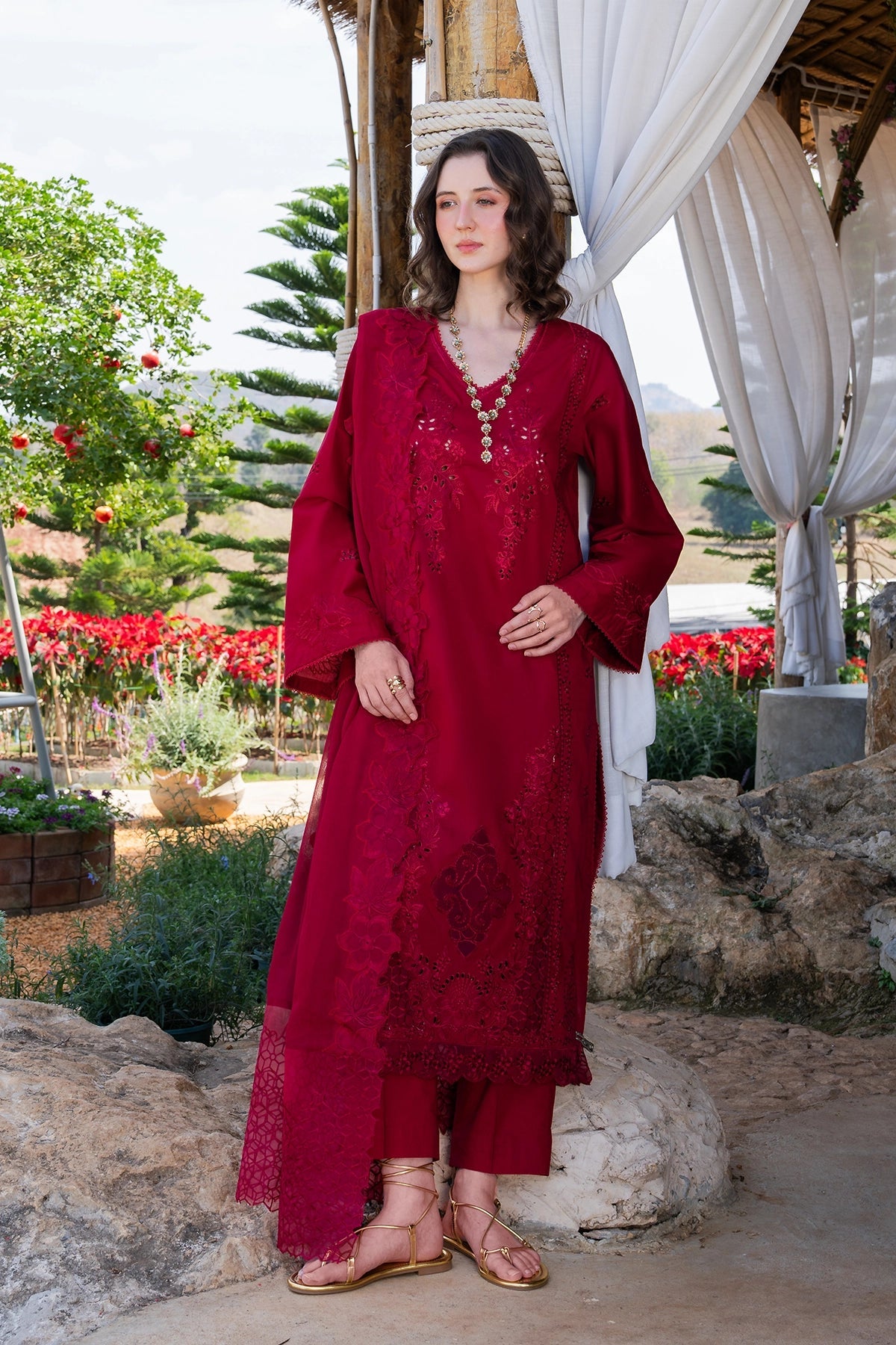 GARNET-3PC LAWN CHIKANKARI EMBROIDERED SHIRT WITH KHADDI NET EMB DUPATTA AND TROUSER-BIC-4843