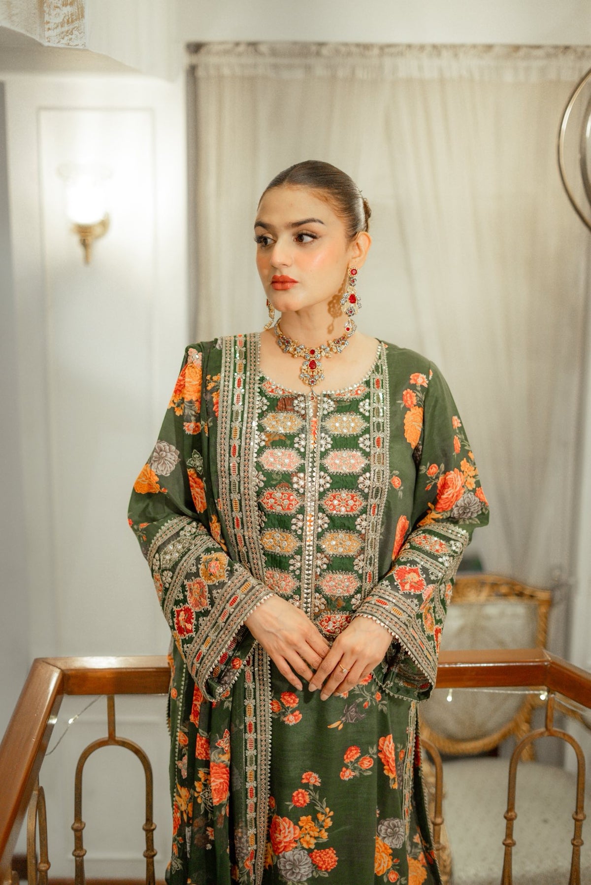 BAROQUE-3PC SHAMOZE SILK PRINTED EMBROIDERED SHIRT WITH SOFT SILK PRINTED EMB DUPATTA & PRINTED TROUSER BIC-