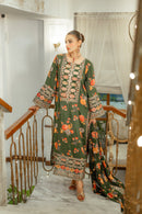 BAROQUE-3PC SHAMOZE SILK PRINTED EMBROIDERED SHIRT WITH SOFT SILK PRINTED EMB DUPATTA & PRINTED TROUSER BIC-