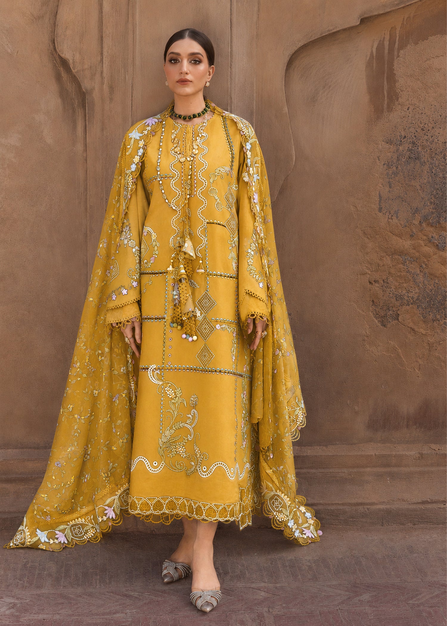 CRIMSON-3PC DHANAK EMBROIDERED SHIRT WITH WOOL PRINTED EMB SHAWL AND TROUSER-BIC-5189