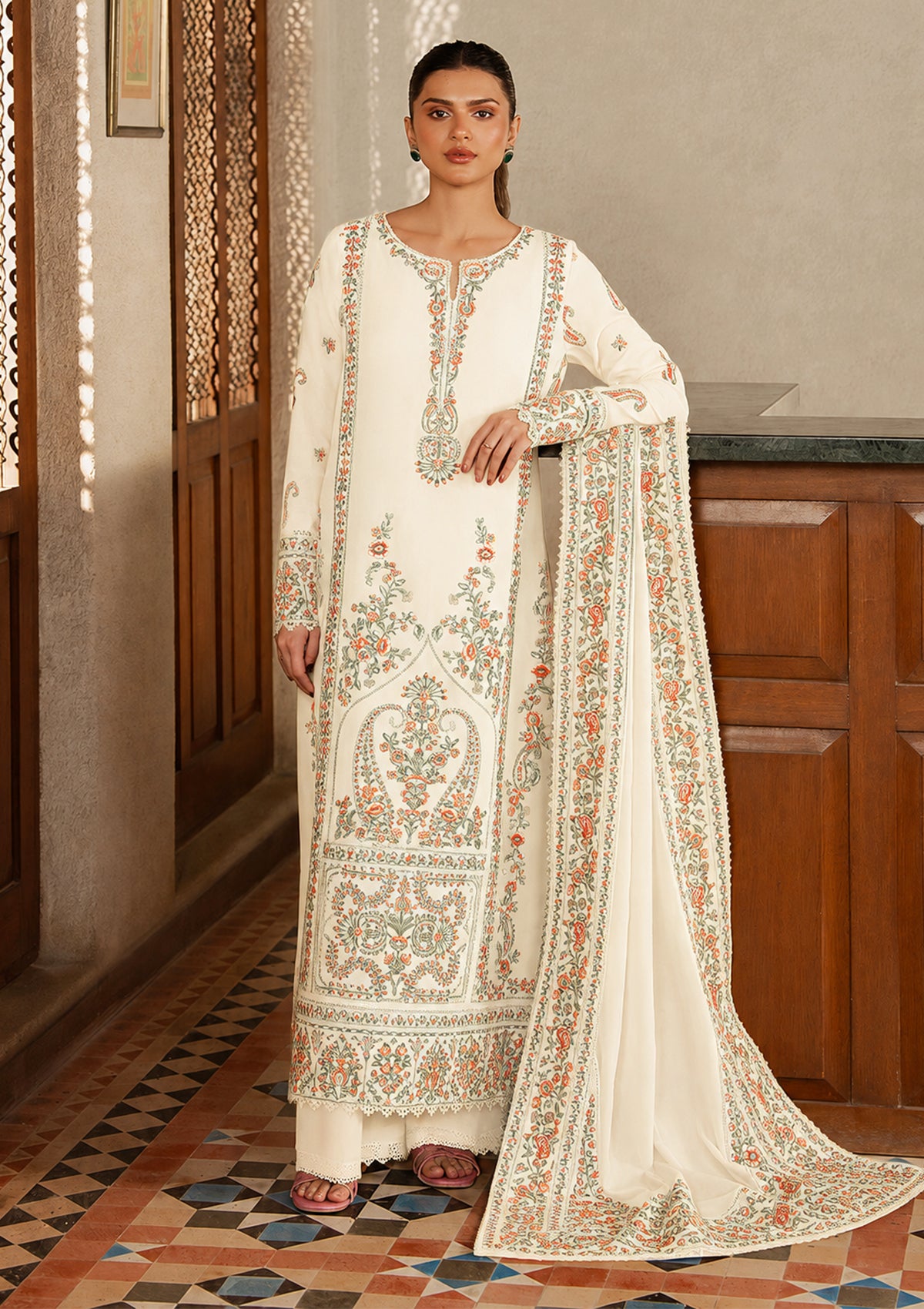 AFROZEH-3PC DHANAK EMBROIDERED SHIRT WITH DHANAK EMB SHAWL AND TROUSER-BIC-5208