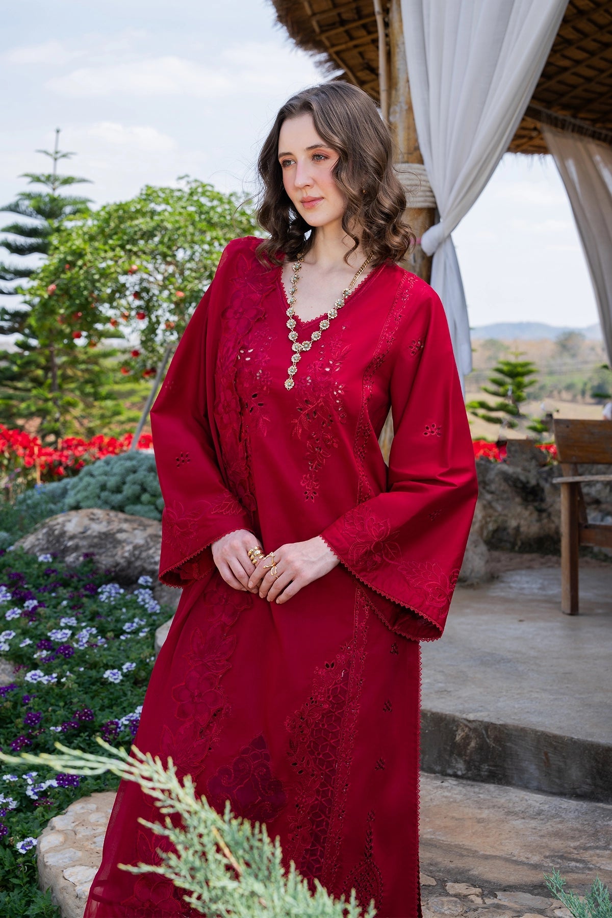 GARNET-3PC LAWN CHIKANKARI EMBROIDERED SHIRT WITH KHADDI NET EMB DUPATTA AND TROUSER-BIC-4843