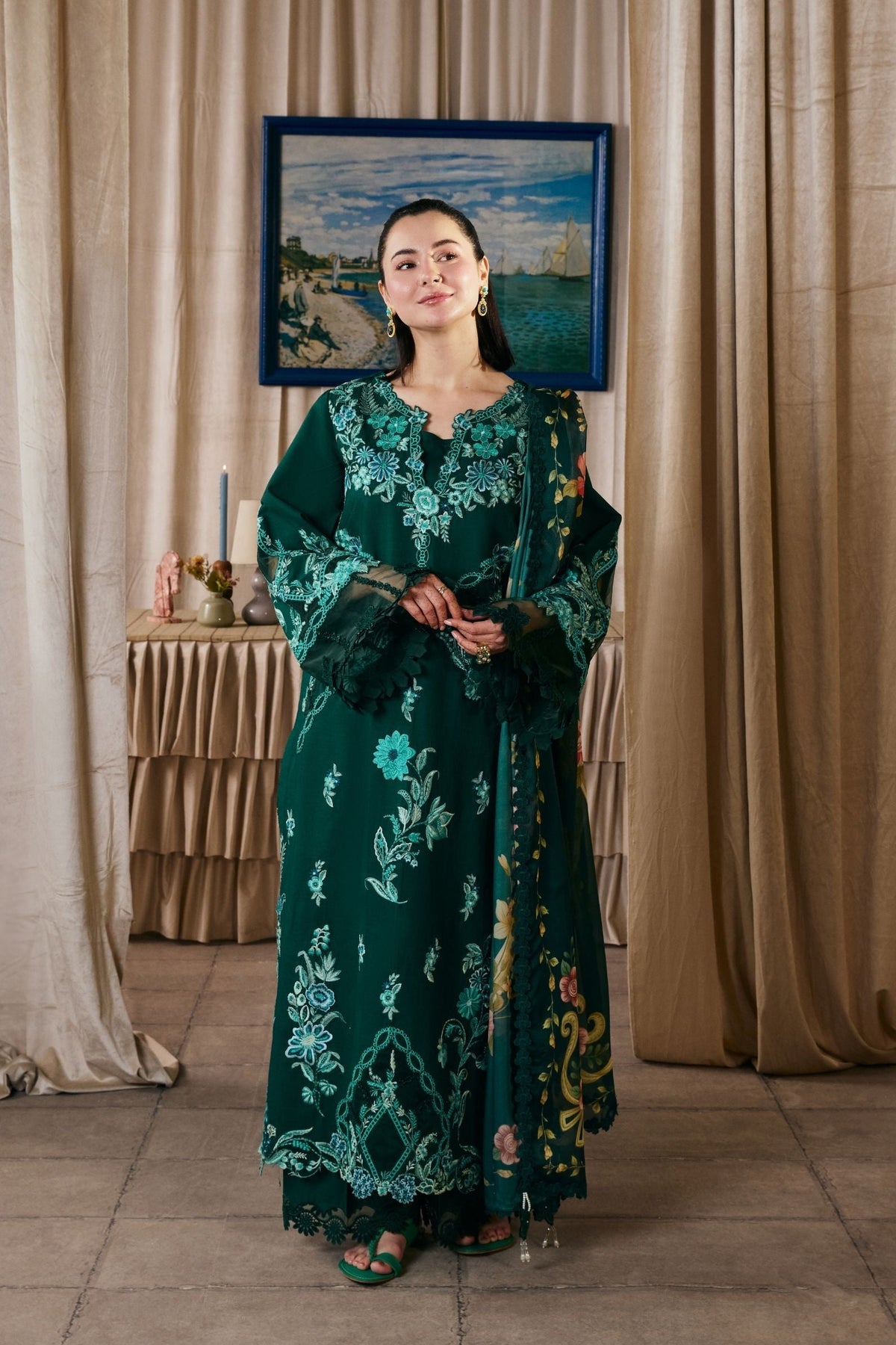 MARYAM HUSSAIN-3PC DHANAK CHIKAN EMBROIDERED SHIRT WITH COUTRAI PRINTED SHAWL AND TROUSER-BIC-5300