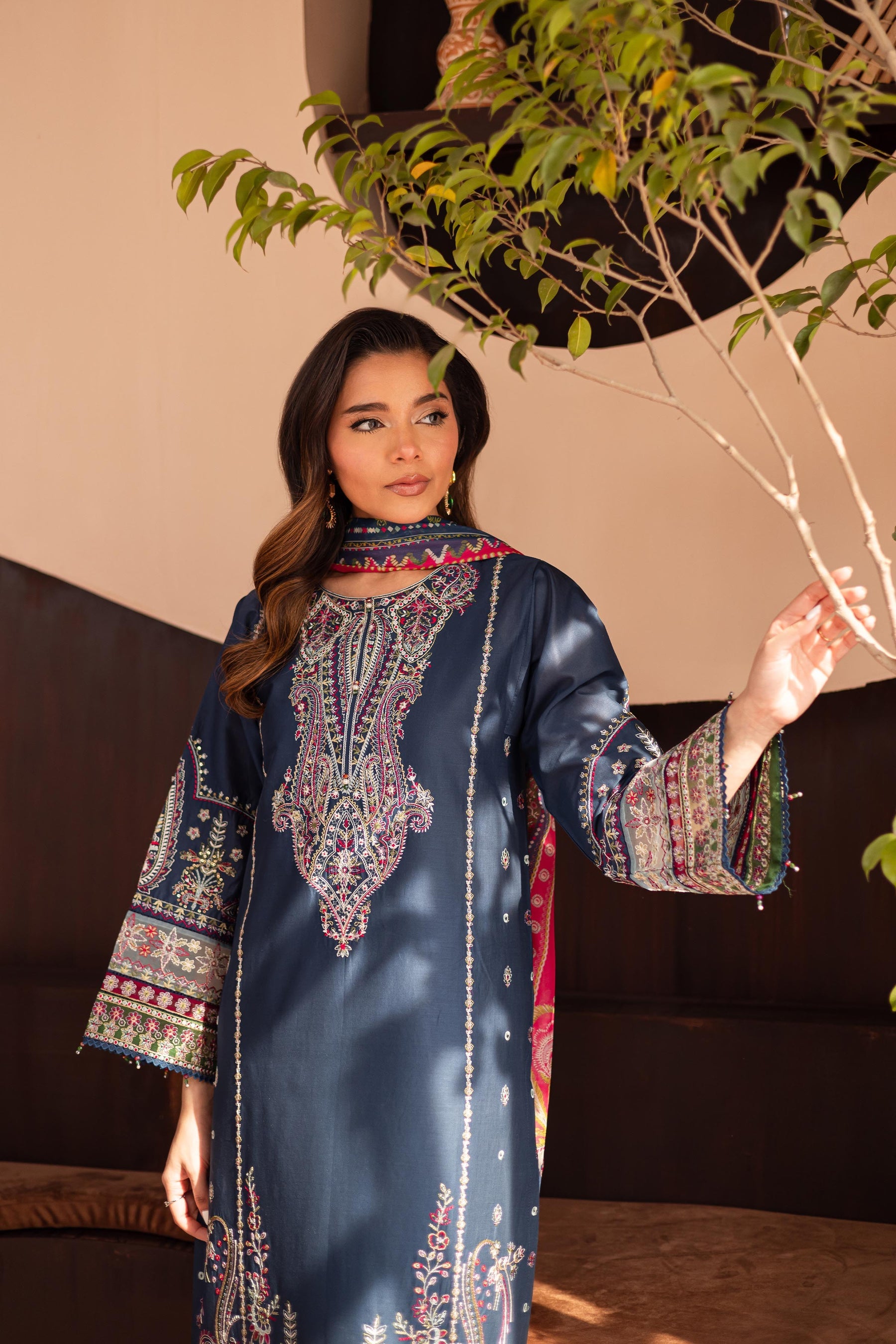 BATIK-3PC DHANAK SEQUENCE EMBROIDERED SHIRT WITH COUTRAI PRINTED SHAWL & DHANAK EMB TOUSER-BIC-4179