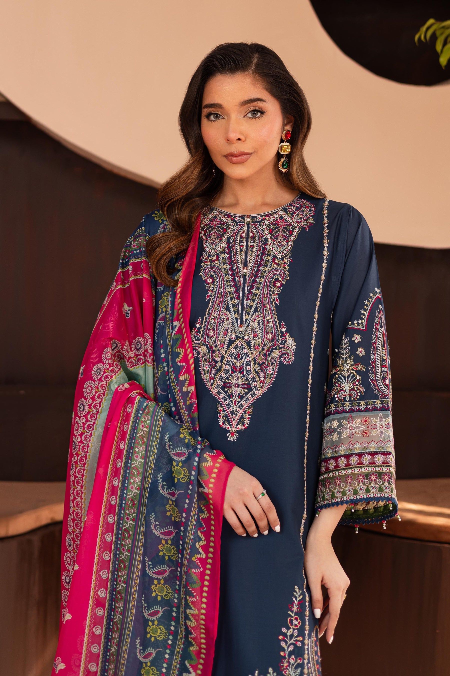 BATIK-3PC DHANAK SEQUENCE EMBROIDERED SHIRT WITH COUTRAI PRINTED SHAWL & DHANAK EMB TOUSER-BIC-4179