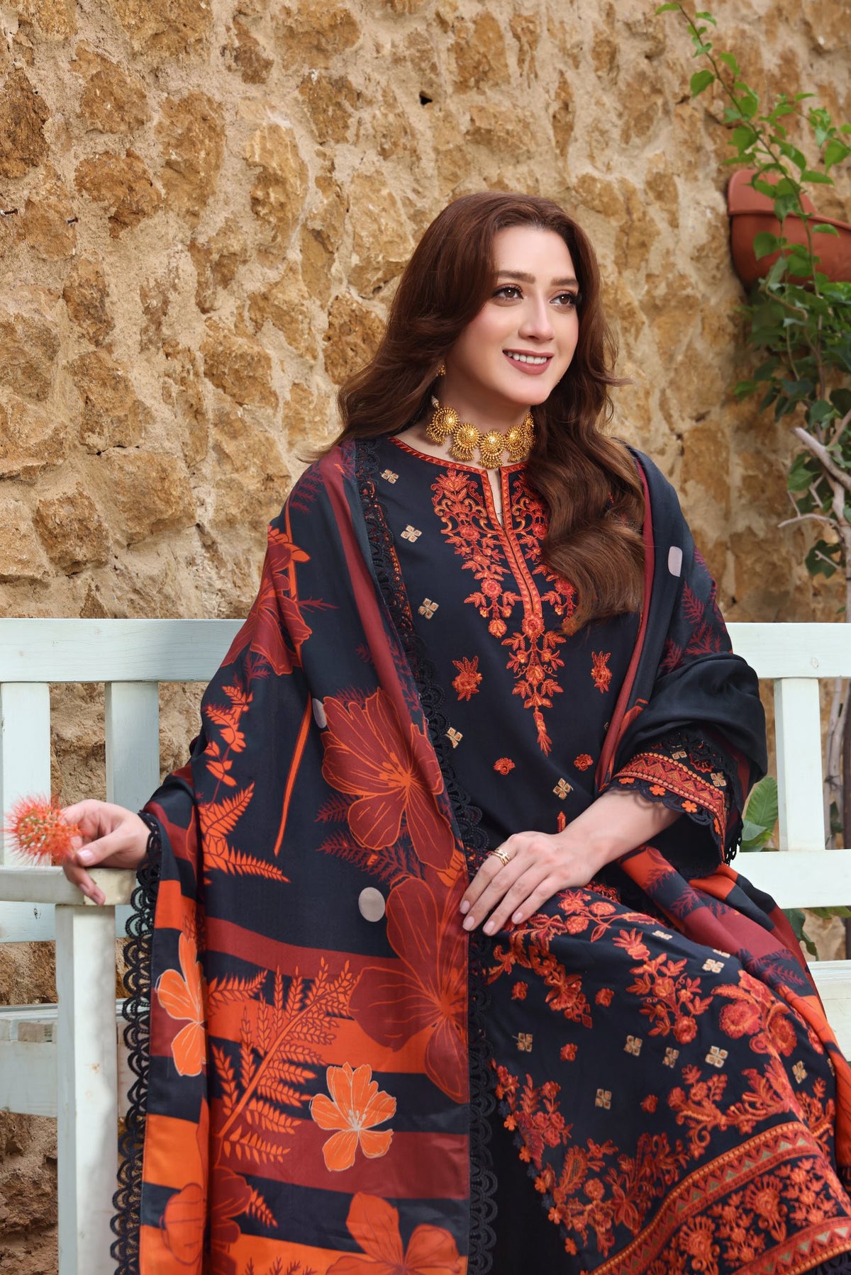 ASIM JOFA-3PC DHANAK EMBROIDRED SHIRT WITH COURTRAI PRINTED SHAWL AND TROUSER-BIC-