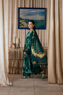 MARYAM HUSSAIN-3PC DHANAK CHIKAN EMBROIDERED SHIRT WITH COUTRAI PRINTED SHAWL AND TROUSER-BIC-5300