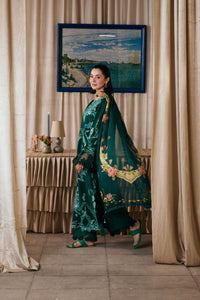 MARYAM HUSSAIN-3PC DHANAK CHIKAN EMBROIDERED SHIRT WITH COUTRAI PRINTED SHAWL AND TROUSER-BIC-5300